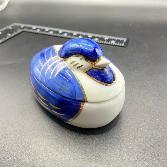 OTIGIRI Porcelain Duck Trinket Box Blue White Gold - Picture 7 of 8